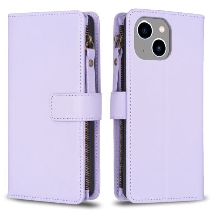 For iPhone 14 / 13 9 Card Slots Zipper Wallet Leather Flip Phone Case(Light Purple)