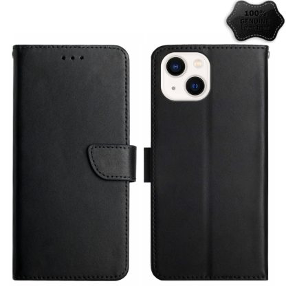 For iPhone 15 Genuine Leather Fingerprint-proof Flip Phone Case(Black)