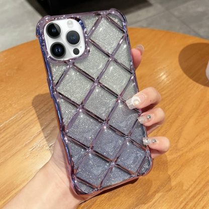 For iPhone 14 Pro 3D Diamond Lattice Laser Engraving Glitter Paper Phone Case(Gradient Purple)