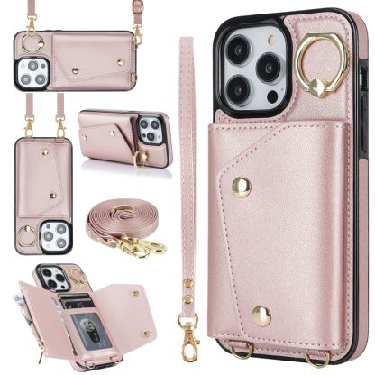 For iPhone 14 Pro Max Zipper Card Bag Phone Case with Dual Lanyard(Rose Gold)