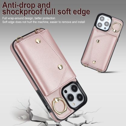 For iPhone 14 Pro Max Zipper Card Bag Phone Case with Dual Lanyard(Rose Gold) - Image 2