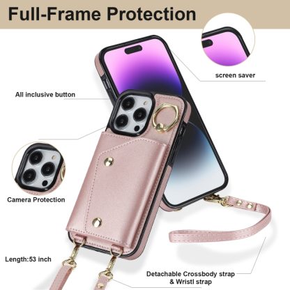 For iPhone 14 Pro Max Zipper Card Bag Phone Case with Dual Lanyard(Rose Gold) - Image 3