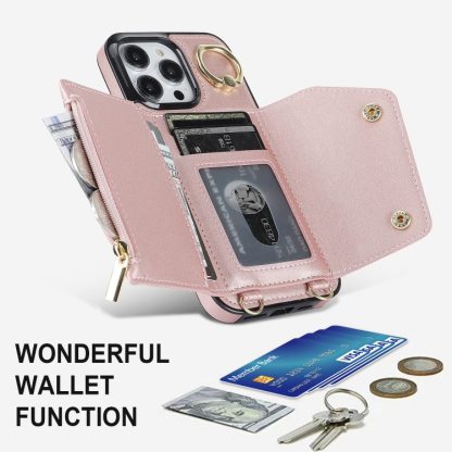 For iPhone 14 Pro Max Zipper Card Bag Phone Case with Dual Lanyard(Rose Gold) - Image 4