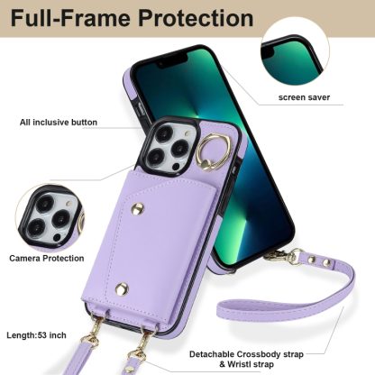 For iPhone 13 Pro Max Zipper Card Bag Phone Case with Dual Lanyard(Purple) - Image 3