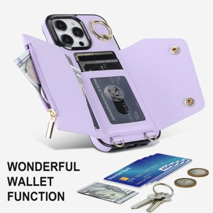 For iPhone 13 Pro Max Zipper Card Bag Phone Case with Dual Lanyard(Purple) - Image 4