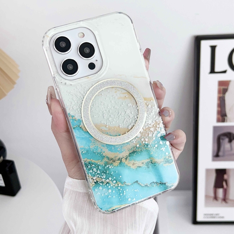 For iPhone 14 Pro Dual-side IMD Marble Magsafe Phone Case(White Green) - Image 2