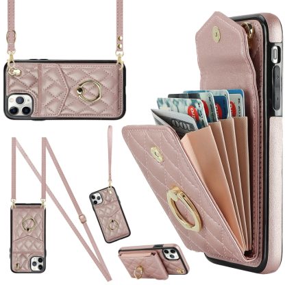 For iPhone 11 Pro Rhombic Texture Card Bag Phone Case with Long Lanyard(Rose Gold)