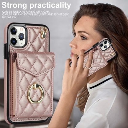 For iPhone 11 Pro Rhombic Texture Card Bag Phone Case with Long Lanyard(Rose Gold) - Image 2