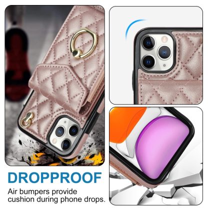 For iPhone 11 Pro Rhombic Texture Card Bag Phone Case with Long Lanyard(Rose Gold) - Image 3