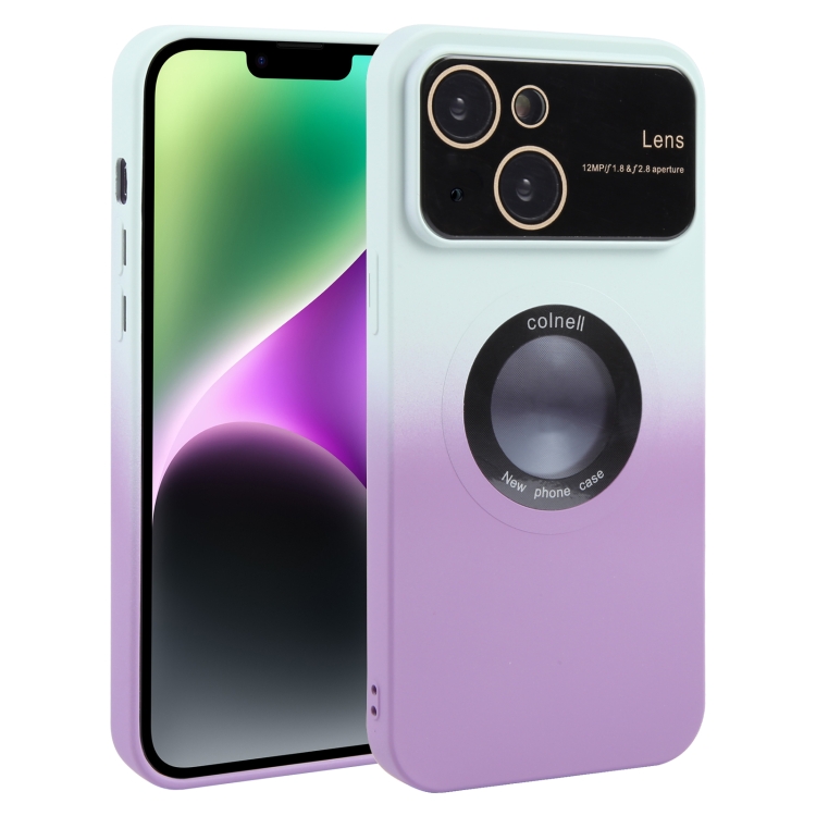For iPhone 14 Plus Gradient Silicone Shockproof Magsafe Phone Case with Lens Film(White Purple)