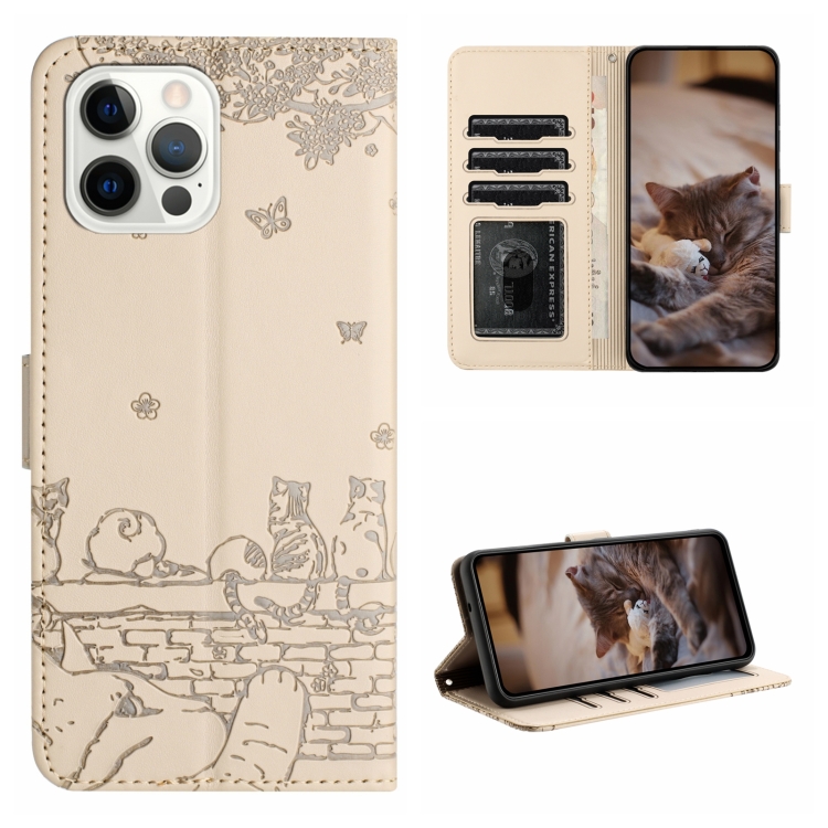 For iPhone 14 Pro Max Cat Embossing Pattern Leather Phone Case with Lanyard(Beige)