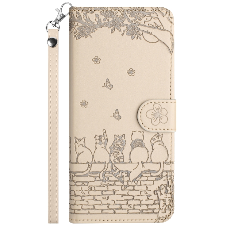 For iPhone 14 Pro Max Cat Embossing Pattern Leather Phone Case with Lanyard(Beige) - Image 2
