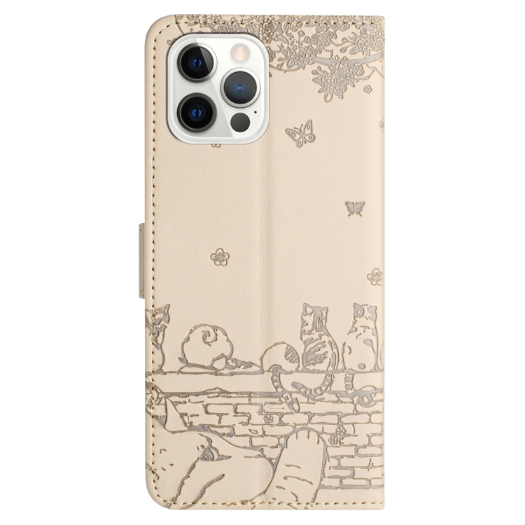 For iPhone 14 Pro Max Cat Embossing Pattern Leather Phone Case with Lanyard(Beige) - Image 3