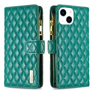 For iPhone 15 Diamond Lattice Zipper Wallet Leather Flip Phone Case(Green)
