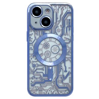 For iPhone 14 Plus Electroplated Circuit Board Pattern MagSafe Phone Case(Sierra Blue)