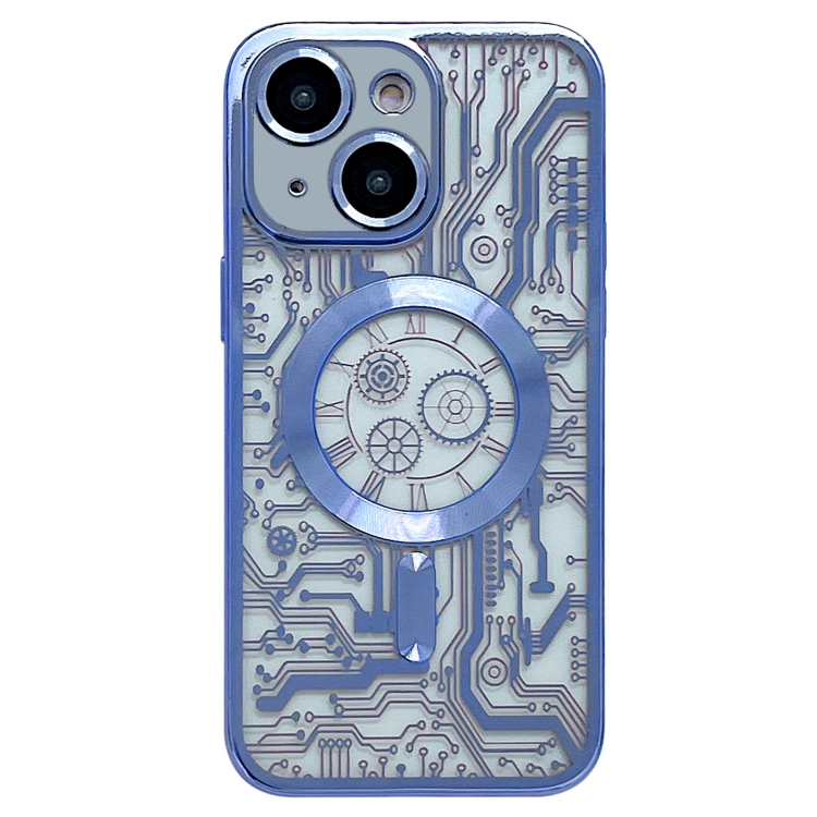 For iPhone 14 Plus Electroplated Circuit Board Pattern MagSafe Phone Case(Sierra Blue)
