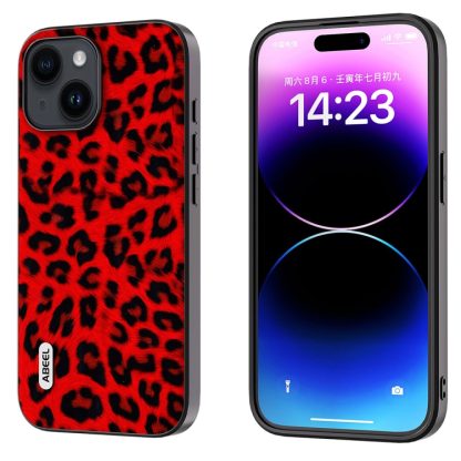 For iPhone 14 ABEEL Black Edge Leopard Phone Case(Red Leopard)