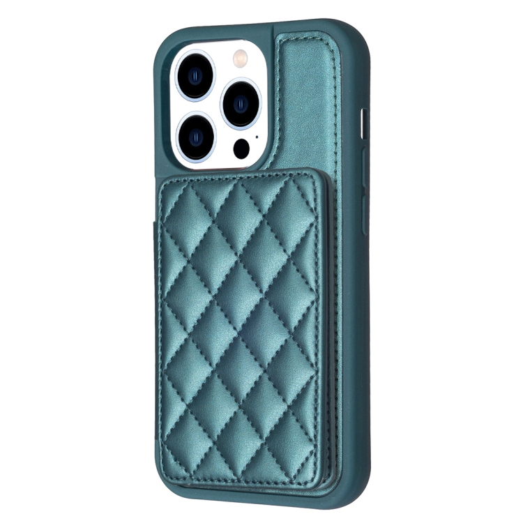 For iPhone 14 Pro Max BF25 Square Plaid Card Bag Holder Phone Case(Green) - Image 2
