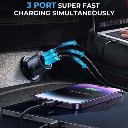 JOYROOM JR-CCN07 120W Dual PD+QC3.0 3-Port Car Charger(Dark Gray) - Image 3