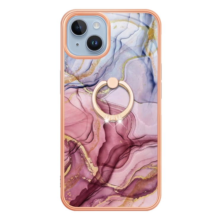 For iPhone 15 Plus Electroplating Marble Dual-side IMD Phone Case with Ring(Rose Red 014) - Image 2