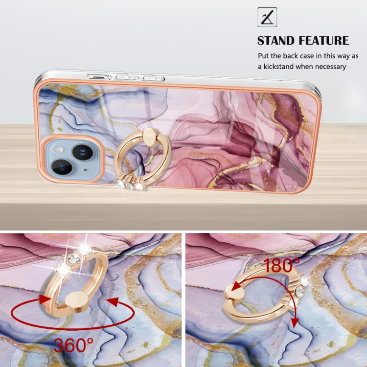 For iPhone 15 Plus Electroplating Marble Dual-side IMD Phone Case with Ring(Rose Red 014) - Image 3