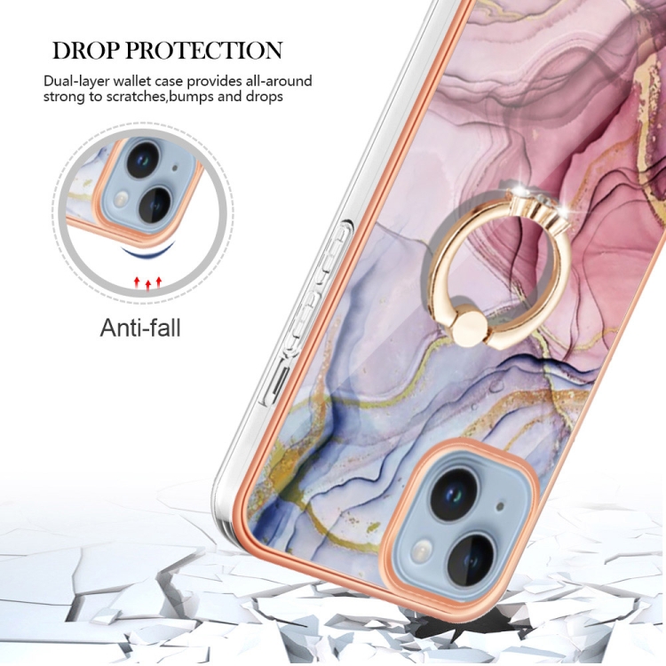 For iPhone 15 Plus Electroplating Marble Dual-side IMD Phone Case with Ring(Rose Red 014) - Image 4