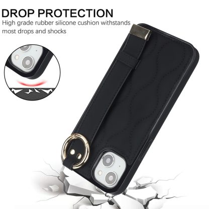 For iPhone 14 Non-slip Full Coverage Ring PU Phone Case with Wristband(Black) - Image 2