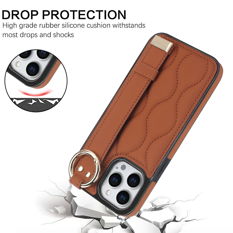For iPhone 14 Pro Non-slip Full Coverage Ring PU Phone Case with Wristband(Brown) - Image 2