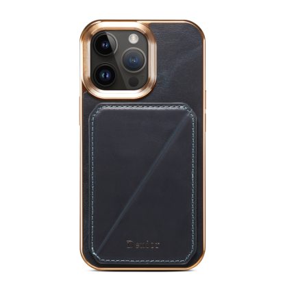 For iPhone 14 Denior Oil Wax Leather Electroplating Card Slot Holder Phone Case(Blue) - Image 2