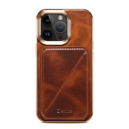 For iPhone 14 Pro Denior Oil Wax Leather Electroplating Card Slot Holder Phone Case(Brown) - Image 2