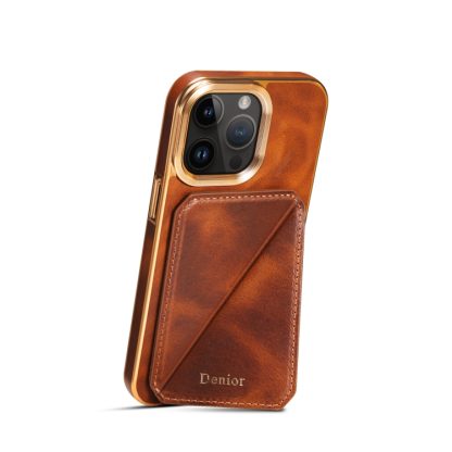 For iPhone 14 Pro Denior Oil Wax Leather Electroplating Card Slot Holder Phone Case(Brown) - Image 3