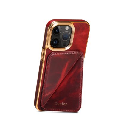 For iPhone 15 Denior Oil Wax Leather Electroplating Card Slot Holder Phone Case(Red) - Image 3