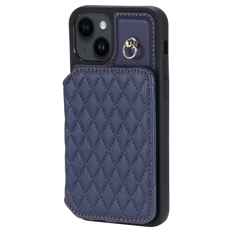 For iPhone 14 Grid Texture Card Bag Phone Case with Lanyard(Blue) - Image 2