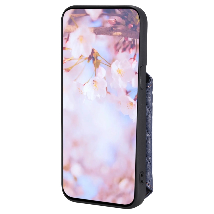 For iPhone 14 Grid Texture Card Bag Phone Case with Lanyard(Blue) - Image 3