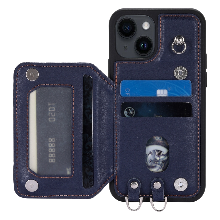 For iPhone 14 Grid Texture Card Bag Phone Case with Lanyard(Blue) - Image 4