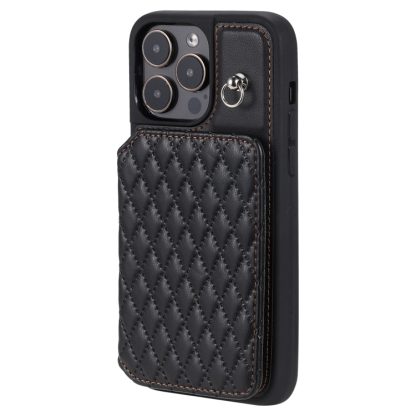 For iPhone 13 Pro Max Grid Texture Card Bag Phone Case with Lanyard(Black) - Image 2