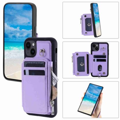 For iPhone 13 Zipper Card Slots RFID Phone Case(Purple)