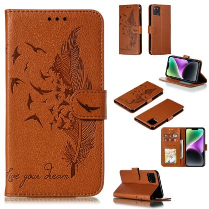 For iPhone 15 Feather Pattern Litchi Texture Leather Phone Case(Brown)