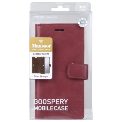 For iPhone 15 GOOSPERY MANSOOR DIARY 9 Card Slots Leather Phone Case(Wine Red) - Image 4