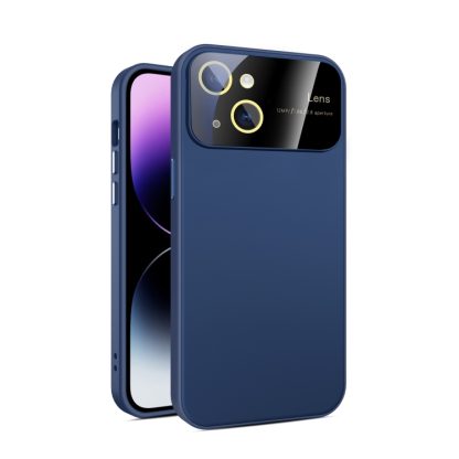 For iPhone 15 Large Glass Window PC Phone Case with Integrated Lens Film(Royal Blue)