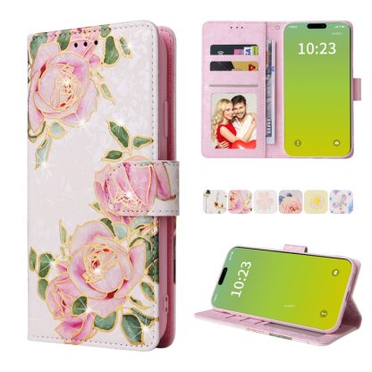 For iPhone 15 Plus Bronzing Painting RFID Leather Case(Rose Flower)