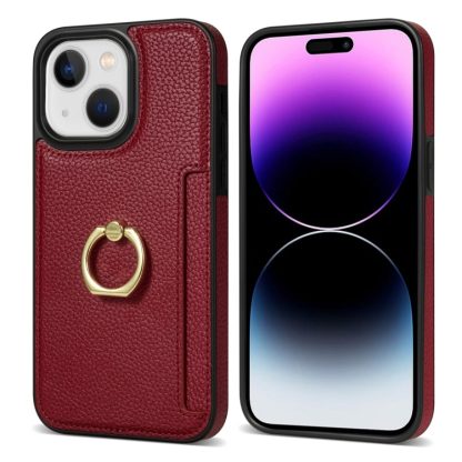 For iPhone 14 Plus Ring Card  Litchi Leather Back Phone Case(Red) - Image 2