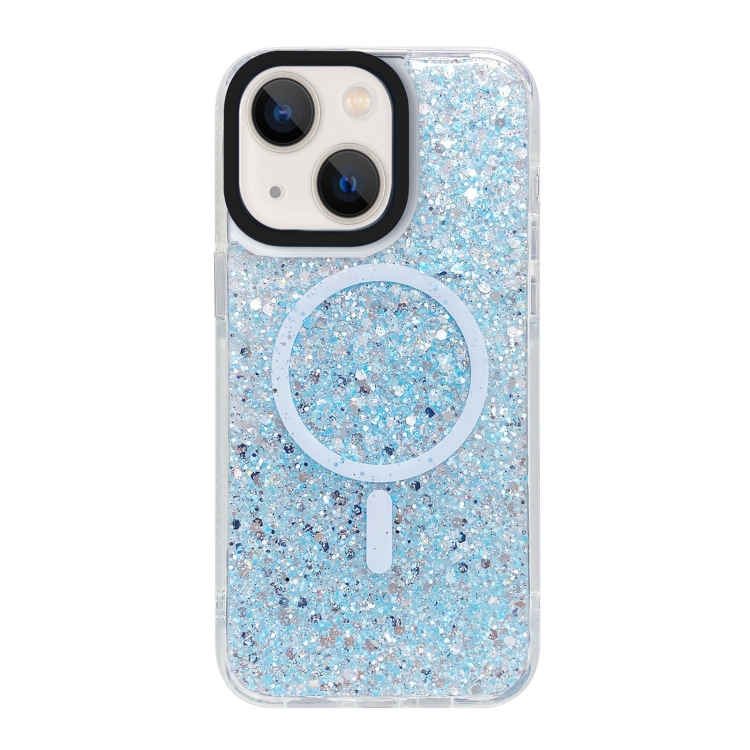 For iPhone 15 Gold Armor MagSafe Glitter Epoxy Phone Case(Blue)