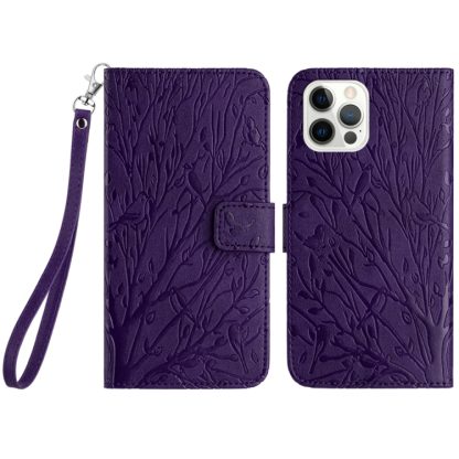 For iPhone 14 Pro Max Tree Birds Embossed Pattern Leather Phone Case(Purple)