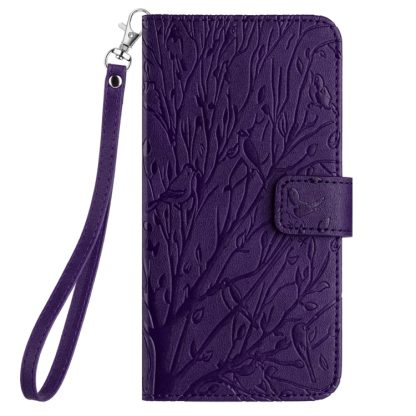 For iPhone 14 Pro Max Tree Birds Embossed Pattern Leather Phone Case(Purple) - Image 2