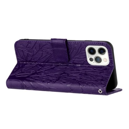 For iPhone 14 Pro Max Tree Birds Embossed Pattern Leather Phone Case(Purple) - Image 4