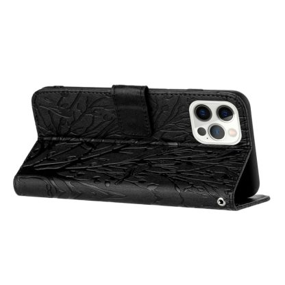 For iPhone 13 Pro Max Tree Birds Embossed Pattern Leather Phone Case(Black) - Image 4