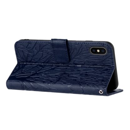 For iPhone XS Max Tree Birds Embossed Pattern Leather Phone Case(Blue) - Image 4