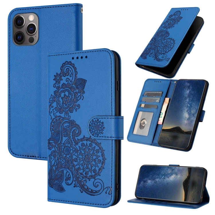 For iPhone 14 Pro Datura Flower Embossed Flip Leather Phone Case(Blue)