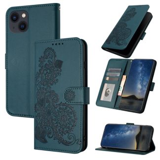 For iPhone 15 Plus Datura Flower Embossed Flip Leather Phone Case(Dark Green)
